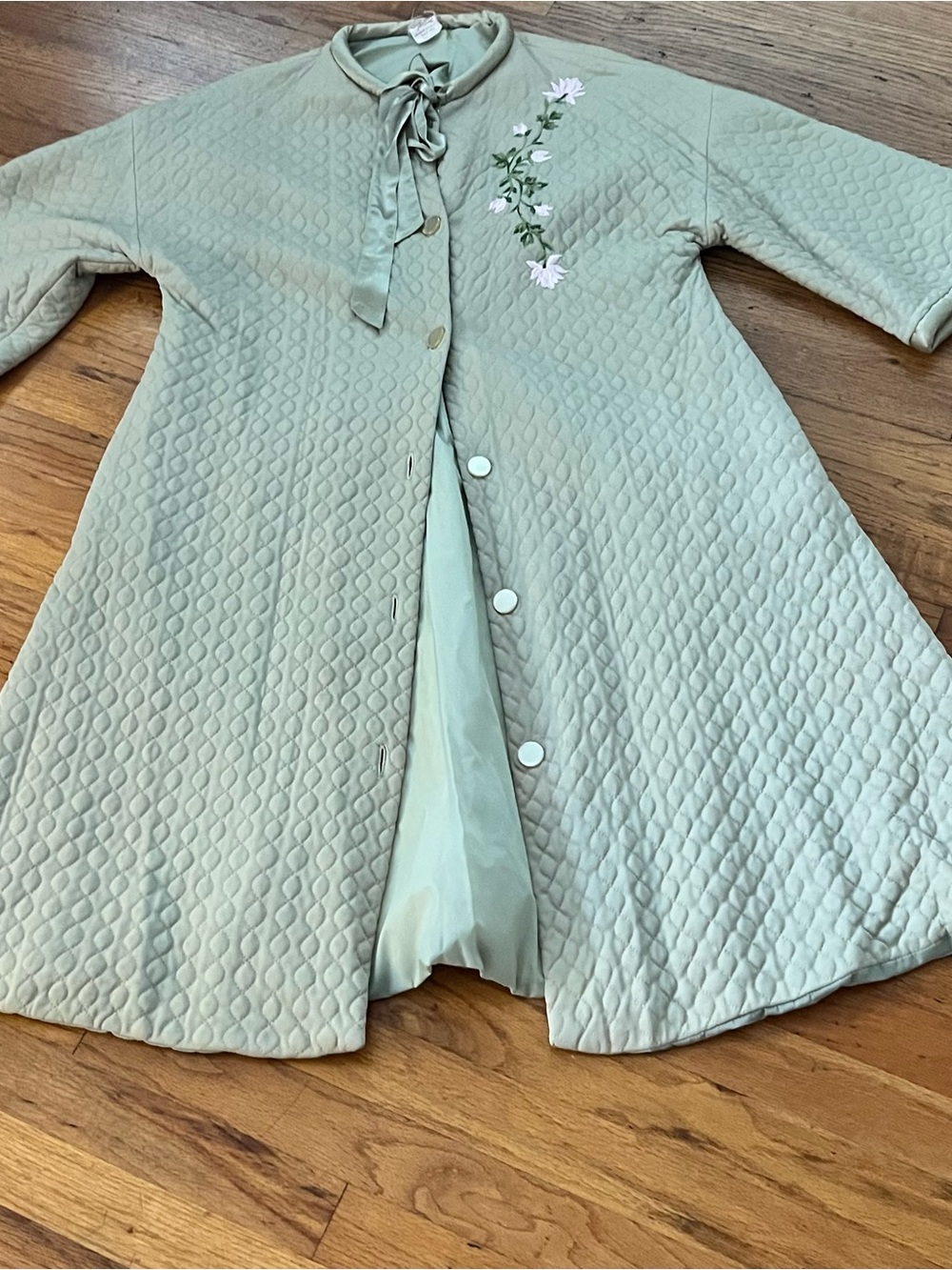 Vintage Sage Green Quilted Robe with Floral Embroidery